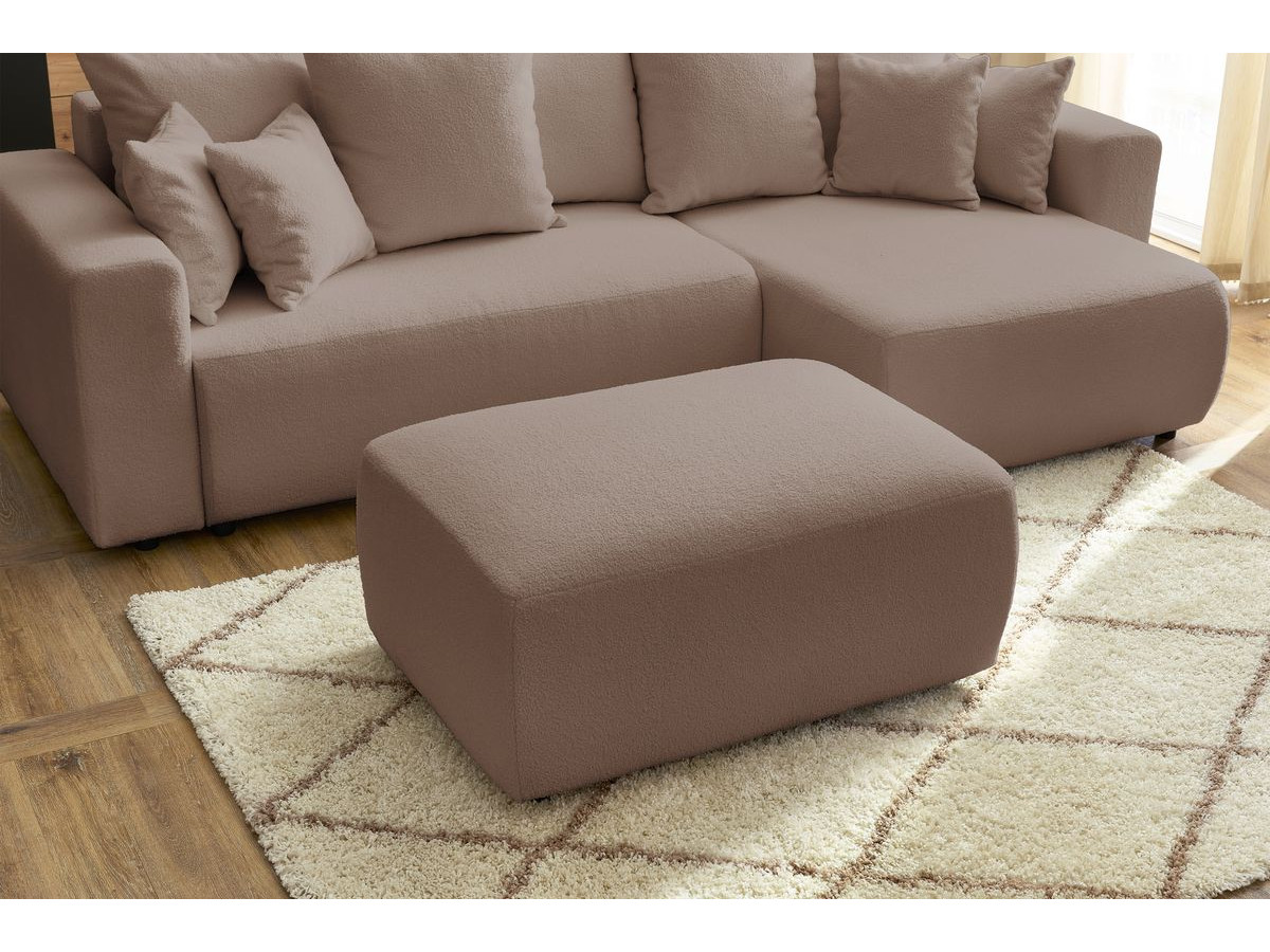 Canapé d'angle réversible convertible coffre ENVY tissu bouclette doux avec pouf rectangulaire