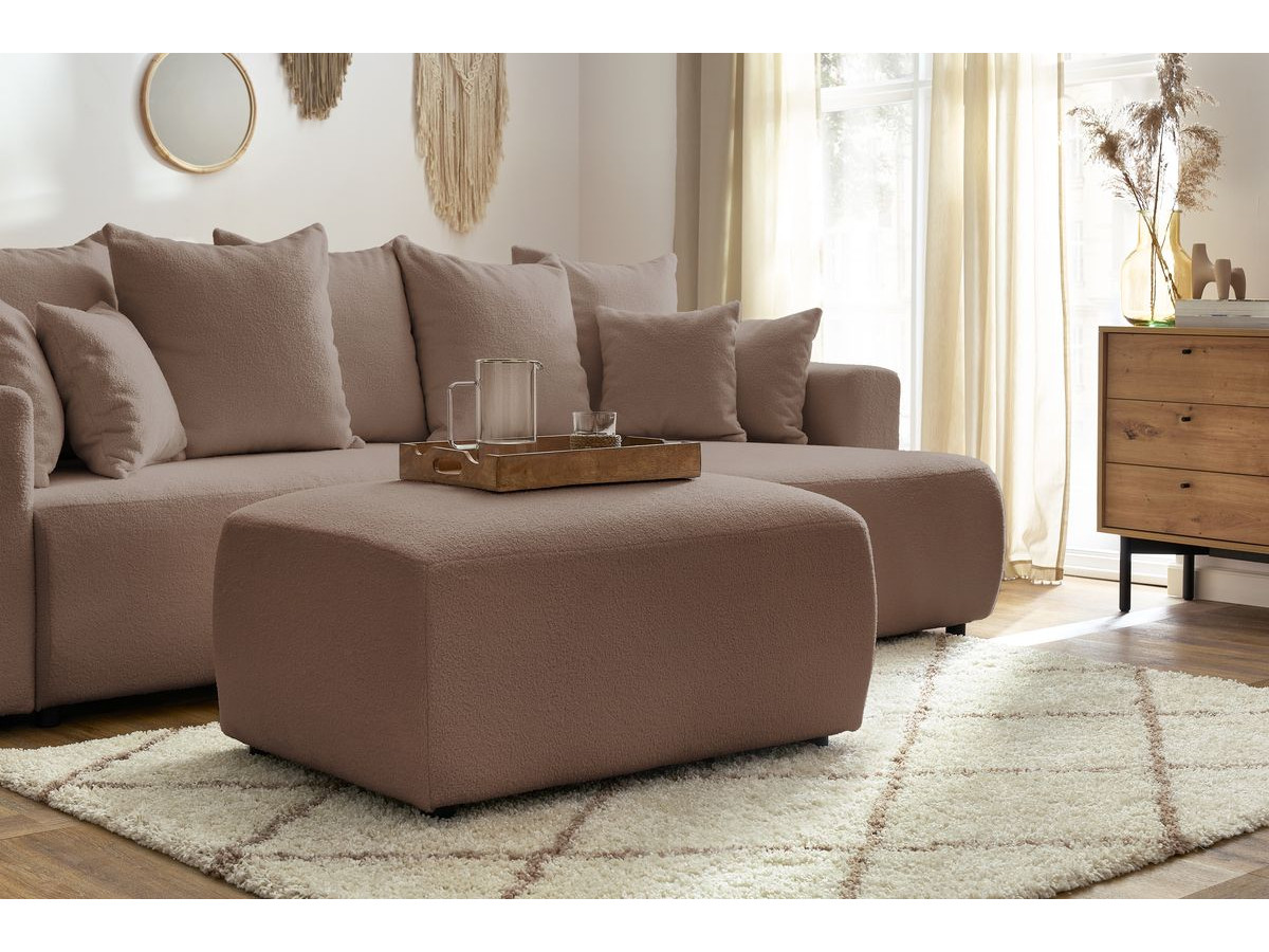 Canapé d'angle réversible convertible coffre ENVY tissu bouclette doux avec pouf rectangulaire