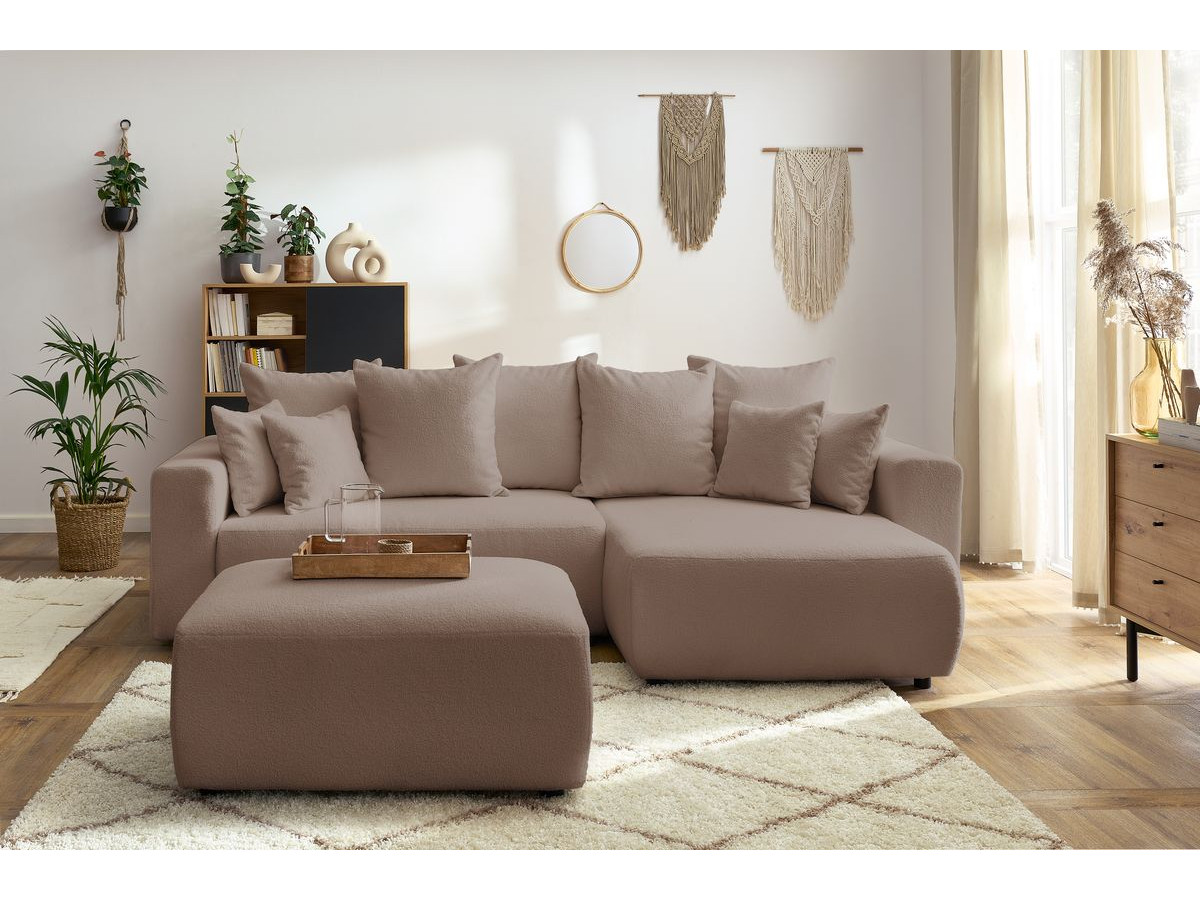 Canapé d'angle réversible convertible coffre ENVY tissu bouclette doux avec pouf rectangulaire