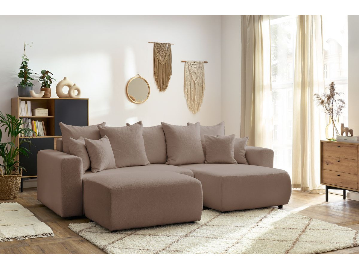 Canapé d'angle réversible convertible coffre ENVY tissu bouclette doux avec pouf rectangulaire