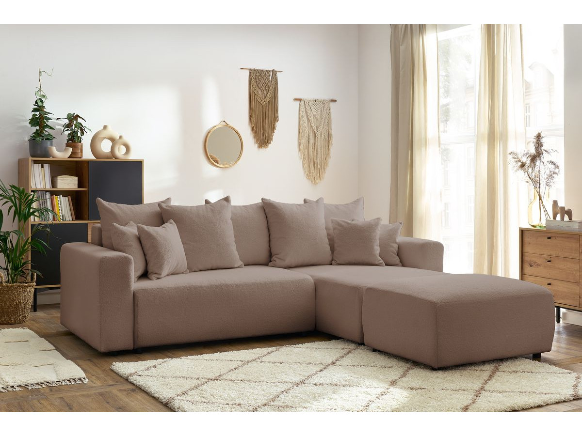 Canapé d'angle réversible convertible coffre ENVY tissu bouclette doux avec pouf rectangulaire