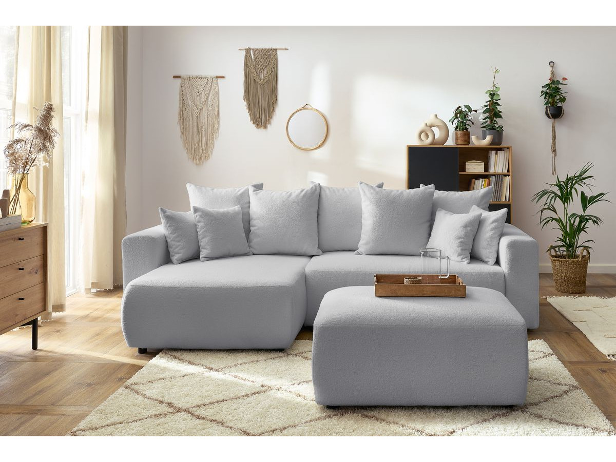 ENVY omkeerbare hoekslaapbank met opbergvak in zachte badstof met rechthoekige poef