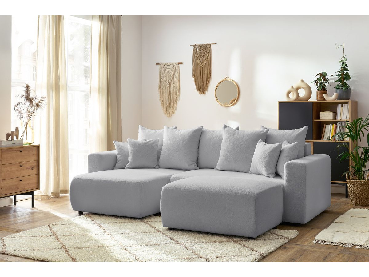 Canapé d'angle réversible convertible coffre ENVY bouclette doux avec pouf gris clair — vue 6