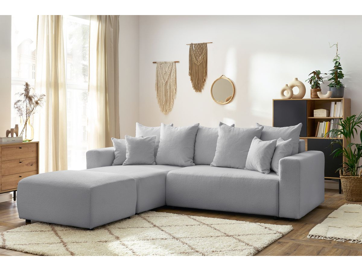 ENVY omkeerbare hoekslaapbank met opbergvak in zachte badstof met rechthoekige poef
