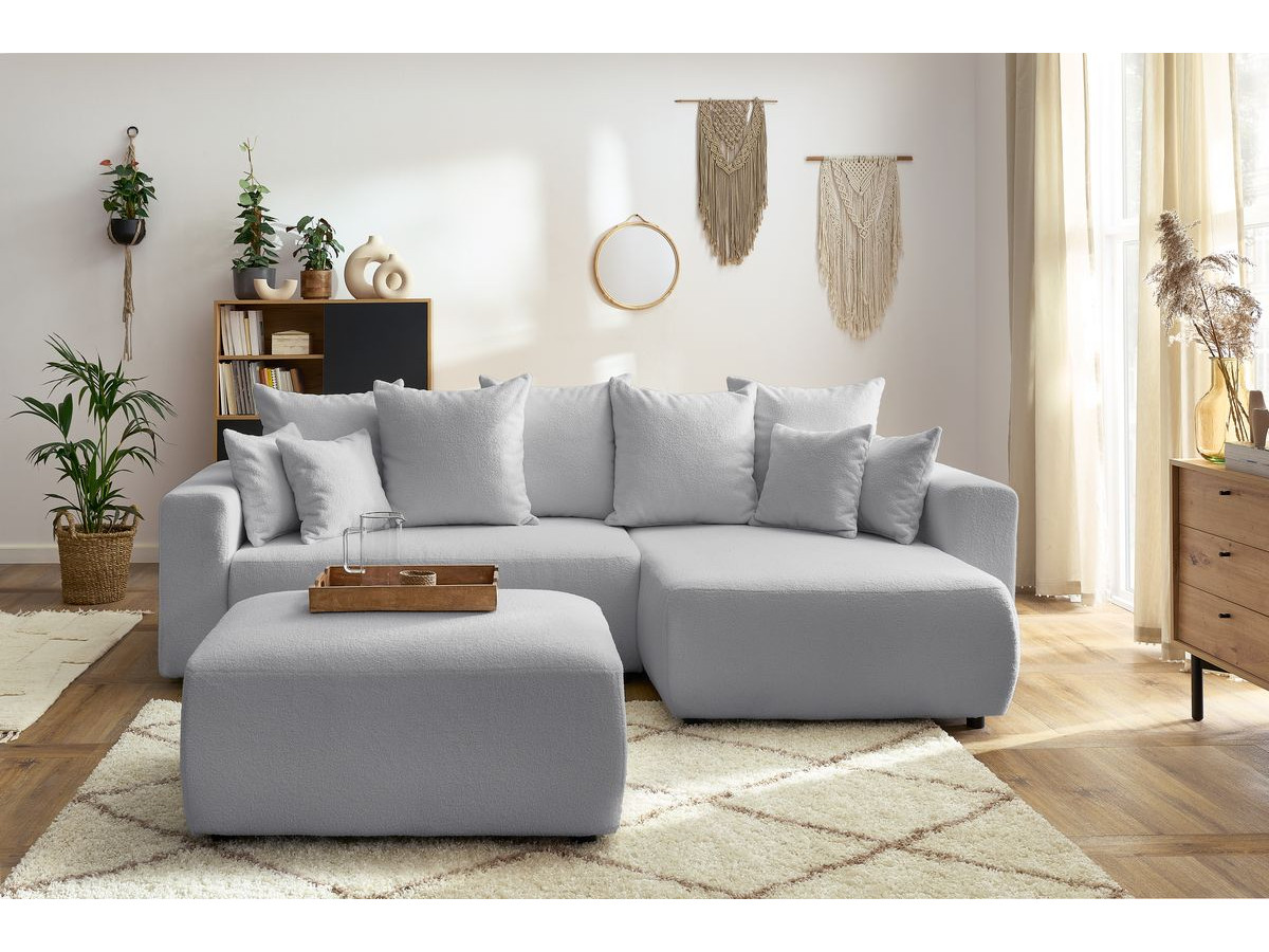 Canapé d'angle réversible convertible coffre ENVY bouclette doux avec pouf gris clair — vue 4