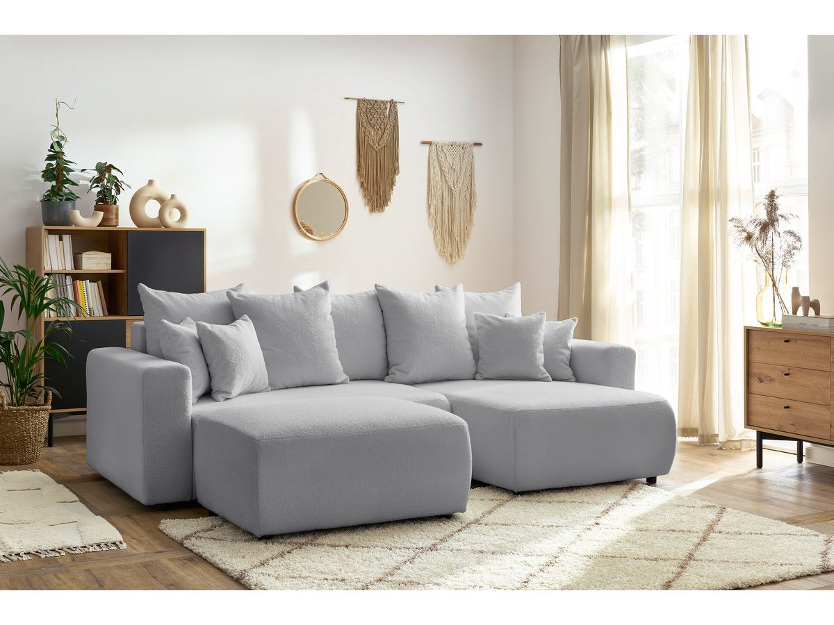 Canapé d'angle réversible convertible coffre ENVY bouclette doux avec pouf gris clair