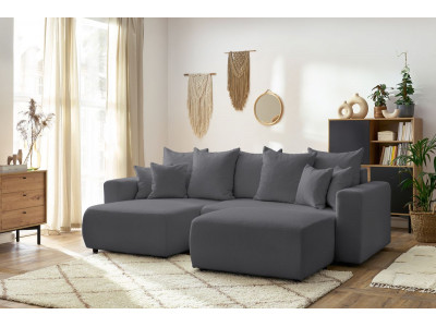 Canapé d'angle réversible convertible coffre ENVY tissu bouclette doux avec pouf rectangulaire