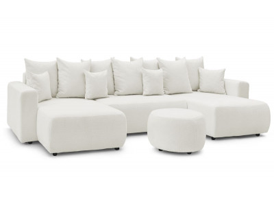 Canapé panoramique convertible coffre ENVY tissu bouclette avec pouf rond