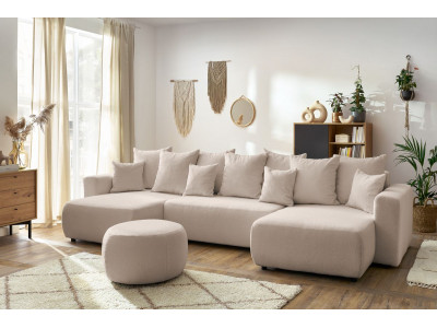 Canapé panoramique convertible coffre ENVY tissu bouclette avec pouf rond