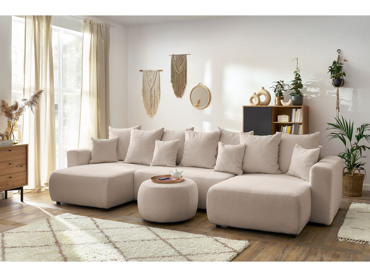 Canapé panoramique convertible coffre ENVY bouclette avec pouf rond beige — vue 5