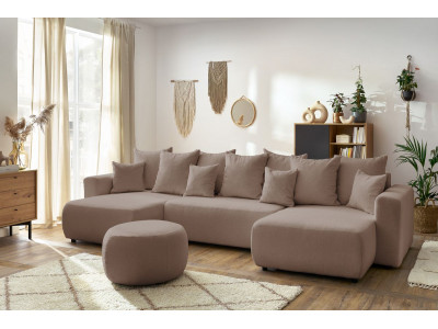 Canapé panoramique convertible coffre ENVY tissu bouclette avec pouf rond