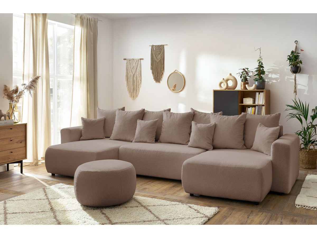 Canapé panoramique convertible coffre ENVY tissu bouclette avec pouf rond