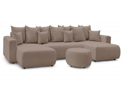 Canapé panoramique convertible coffre ENVY tissu bouclette avec pouf rond