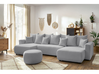 Canapé panoramique convertible coffre ENVY tissu bouclette avec pouf rond
