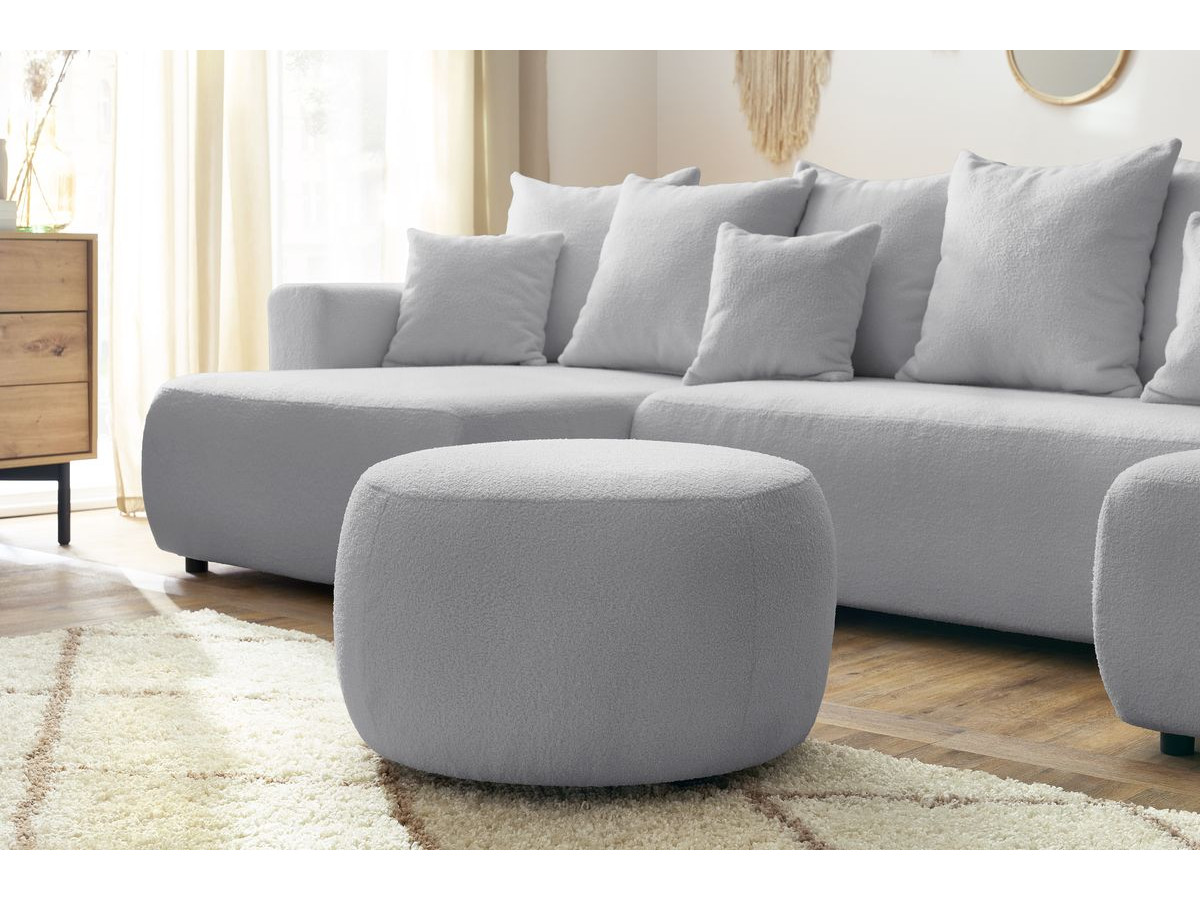 Canapé panoramique convertible coffre ENVY tissu bouclette avec pouf rond