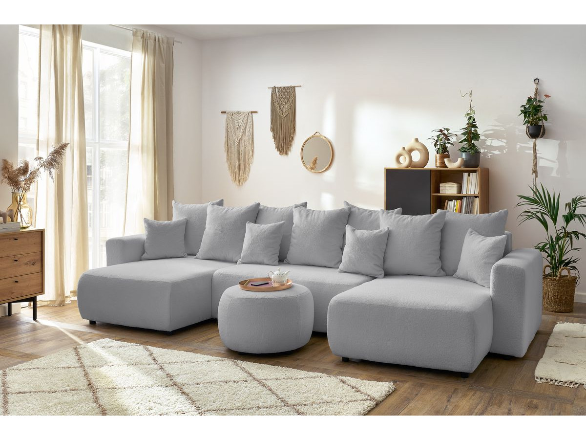 Canapé panoramique convertible coffre ENVY bouclette avec pouf rond gris clair — vue 5