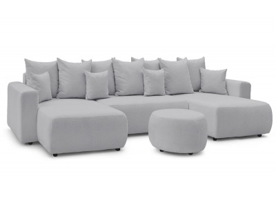 Canapé panoramique convertible coffre ENVY tissu bouclette avec pouf rond