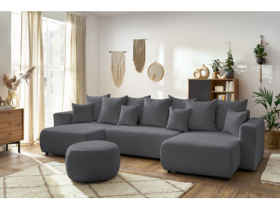 Canapé panoramique convertible coffre ENVY tissu bouclette avec pouf rond
