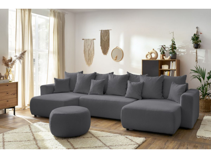 Canapé panoramique convertible coffre ENVY tissu bouclette avec pouf rond