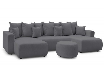 Canapé panoramique convertible coffre ENVY tissu bouclette avec pouf rond