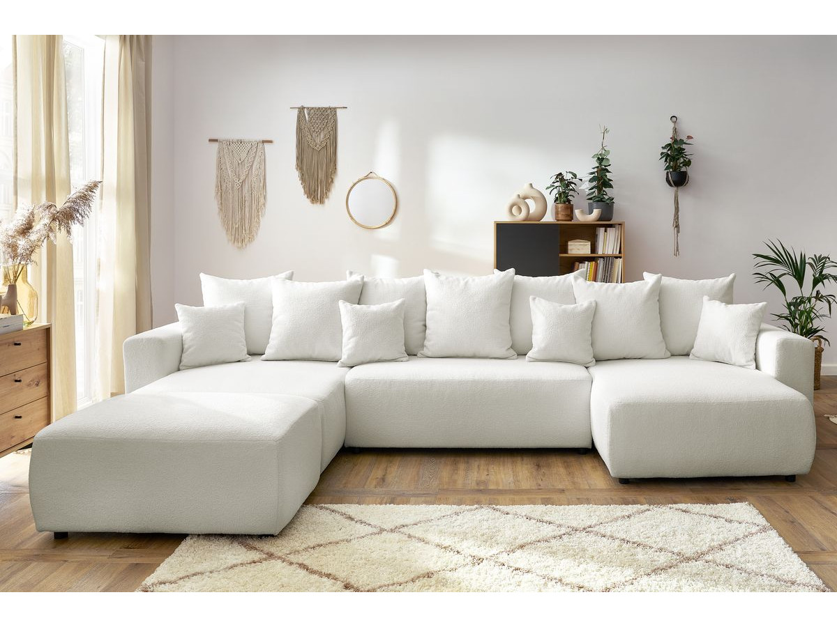 Canapé panoramique convertible coffre ENVY bouclette avec pouf blanc — vue 5