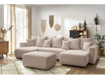 Canapé panoramique convertible coffre ENVY tissu bouclette avec pouf rectangulaire