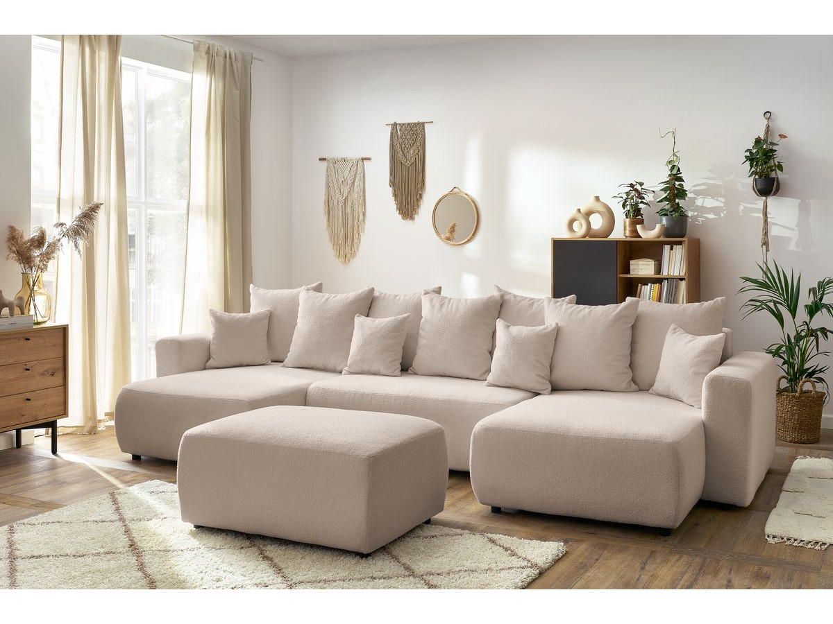 Canapé panoramique convertible coffre ENVY tissu bouclette avec pouf rectangulaire