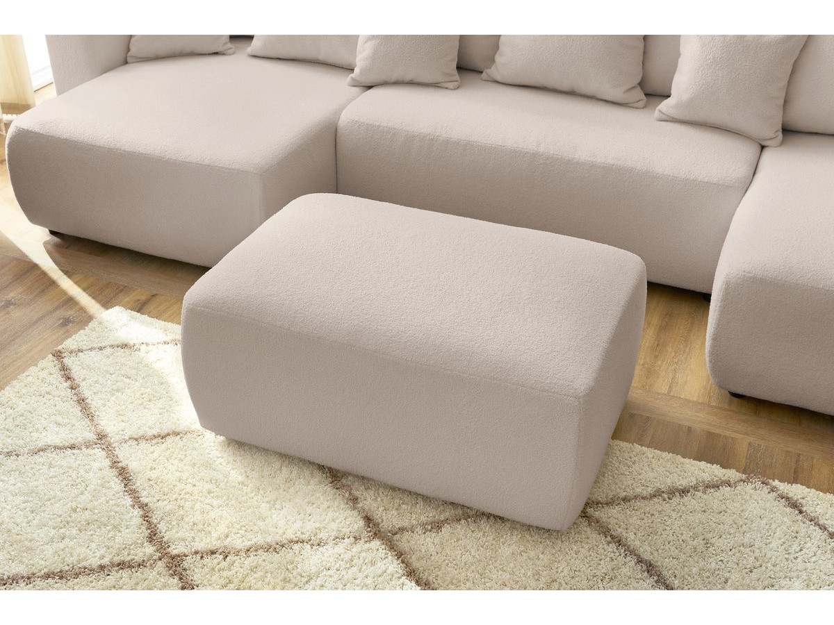 Canapé panoramique convertible coffre ENVY tissu bouclette avec pouf rectangulaire