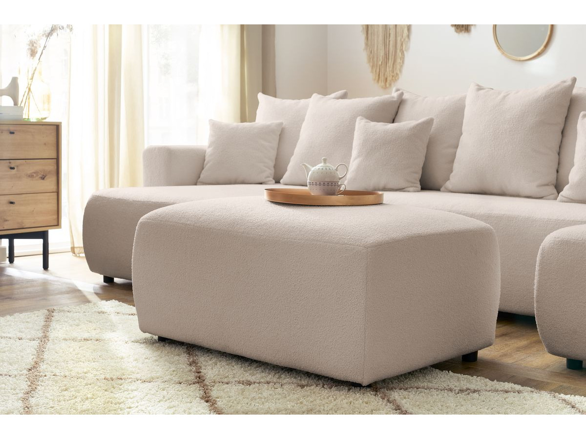 Canapé panoramique convertible coffre ENVY tissu bouclette avec pouf rectangulaire