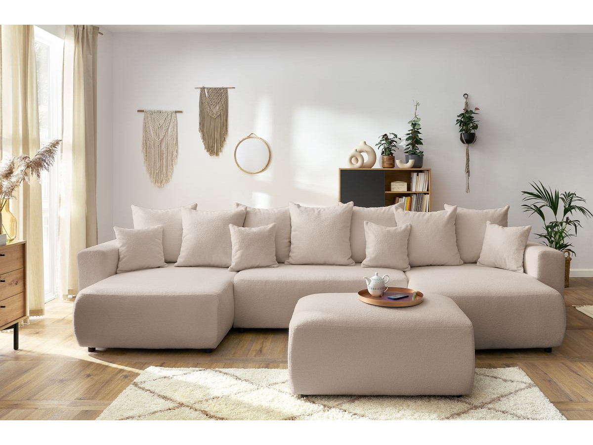 Canapé panoramique convertible coffre ENVY tissu bouclette avec pouf rectangulaire beige   BOBOCHIC 6 places - Vue supplémentaire 2