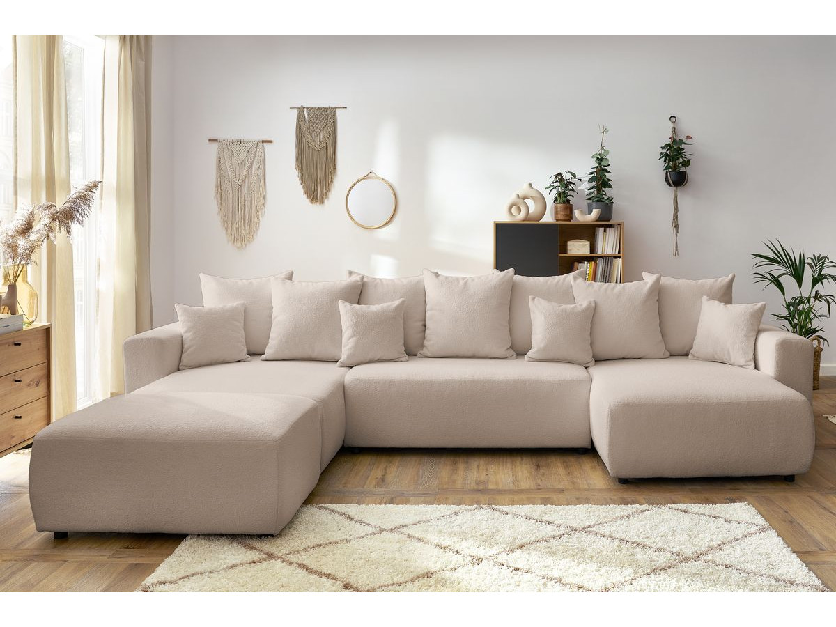 Canapé panoramique convertible coffre ENVY tissu bouclette avec pouf rectangulaire beige   BOBOCHIC 6 places - Vue supplémentaire 3