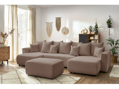 Canapé panoramique convertible coffre ENVY tissu bouclette avec pouf rectangulaire