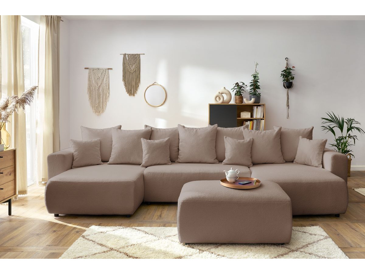 Canapé panoramique convertible coffre ENVY tissu bouclette avec pouf rectangulaire