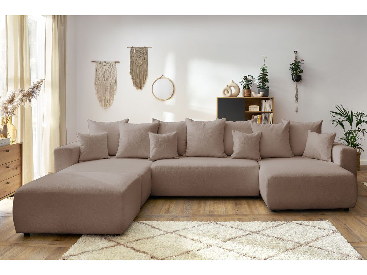 Canapé panoramique convertible coffre ENVY bouclette avec pouf marron — vue 5