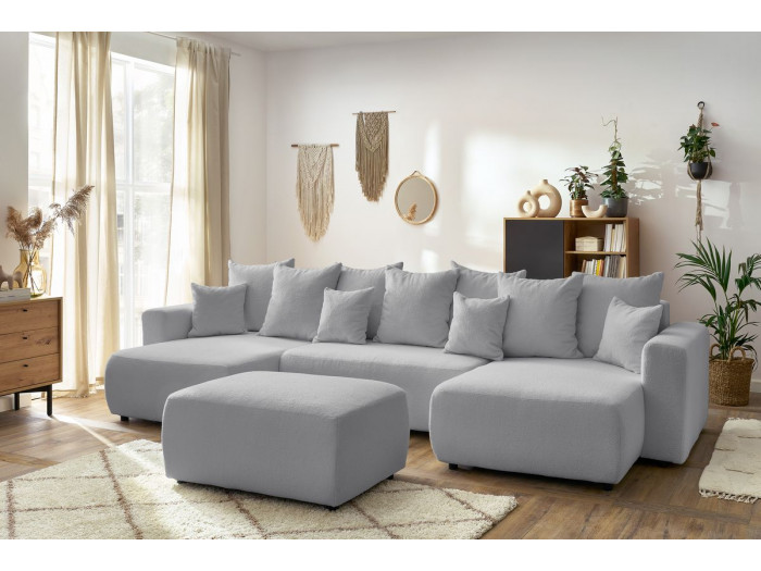 Canapé panoramique convertible coffre ENVY tissu bouclette avec pouf rectangulaire