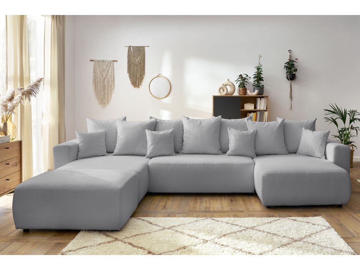 Canapé panoramique convertible coffre ENVY bouclette avec pouf gris clair — vue 5