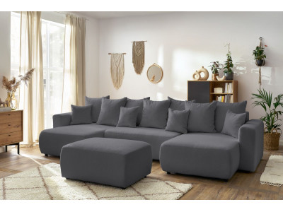 Canapé panoramique convertible coffre ENVY tissu bouclette avec pouf rectangulaire