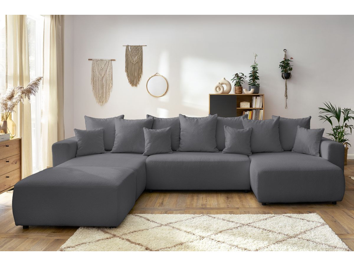 Canapé panoramique convertible coffre ENVY bouclette avec pouf gris foncé — vue 5