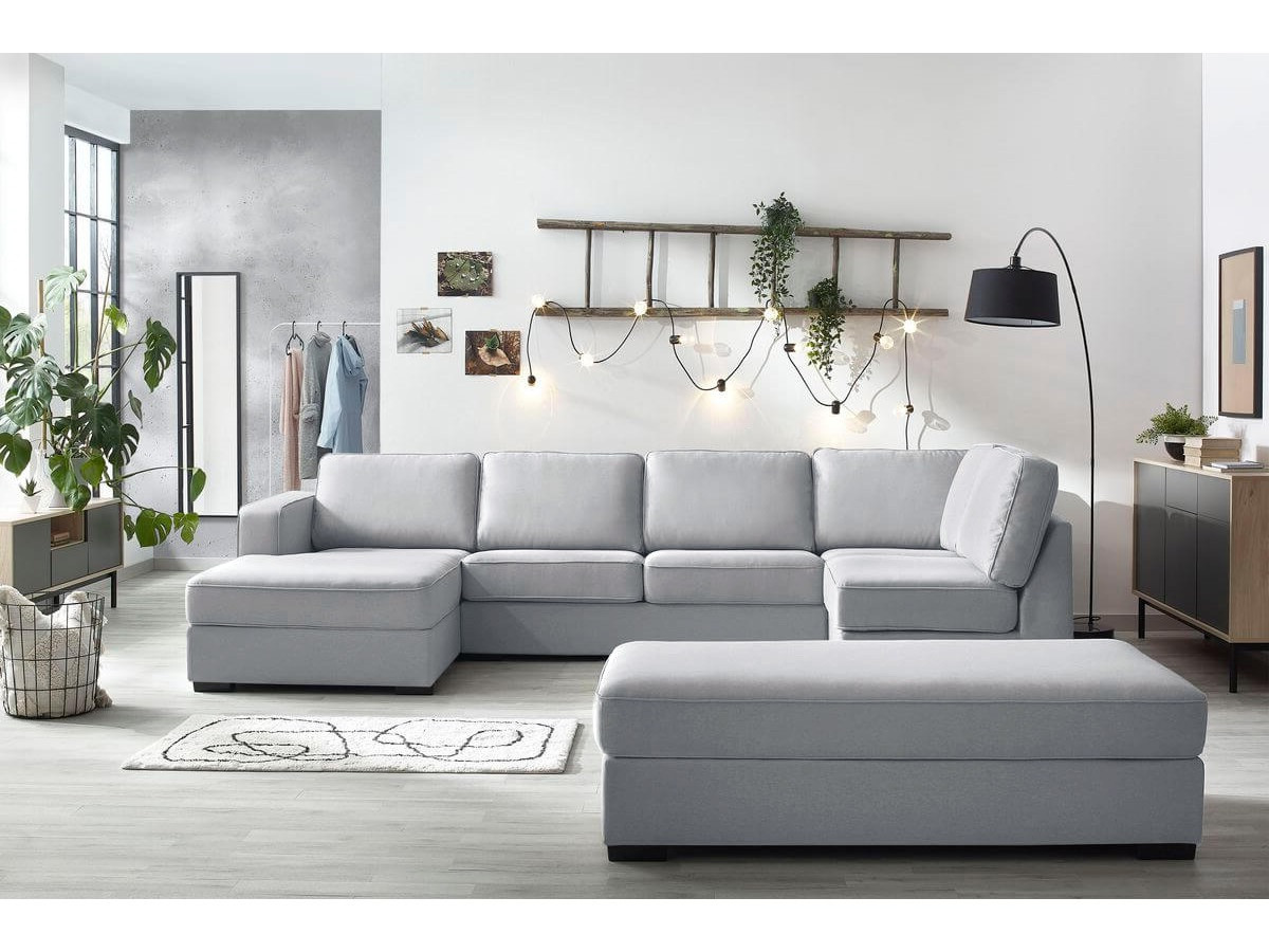Canapé panoramique convertible MEGA avec pouf gris clair angle gauche BOBOCHIC 8 places - Vue supplémentaire 2