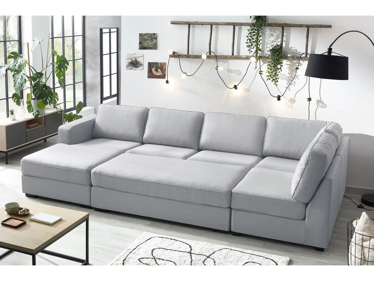 Canapé panoramique convertible MEGA avec pouf gris clair angle gauche BOBOCHIC 8 places - Vue supplémentaire 3