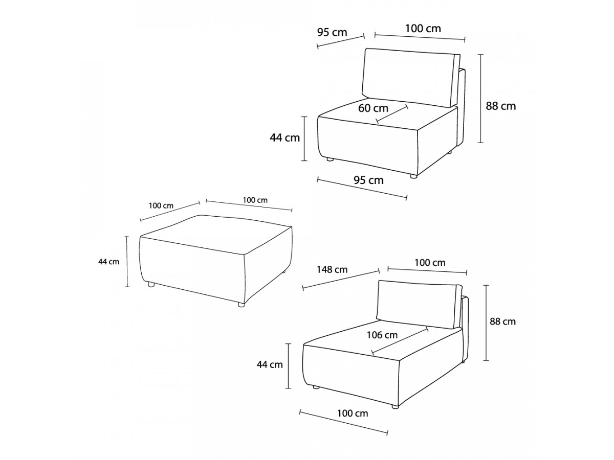 Canapé d'angle fixe 100% modulable NIHAD tissu velours côtelé 2 chauffeuses, 1 pouf et 2 méridiennes