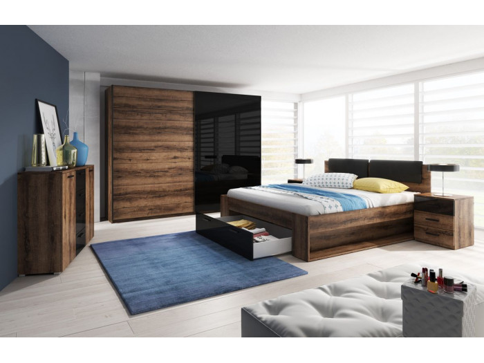 Chambre complète Lit avec tiroir + 2 chevets + Commode + Armoire DELICIO Chêne et noir