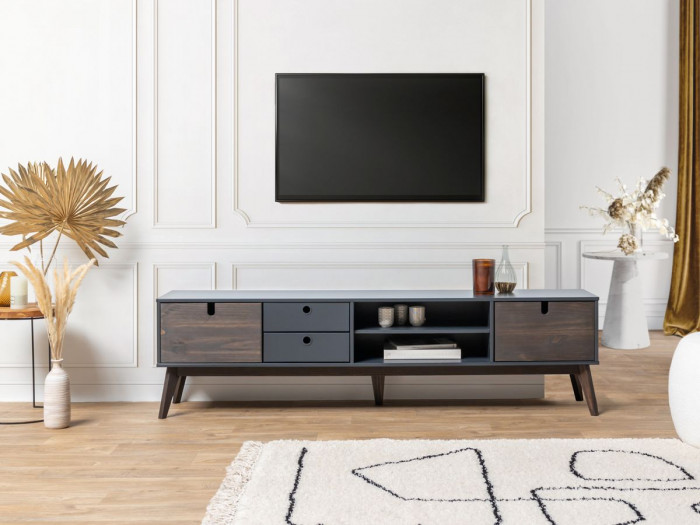 Meuble TV 180 cm YUGO Anthracite et Bois foncé