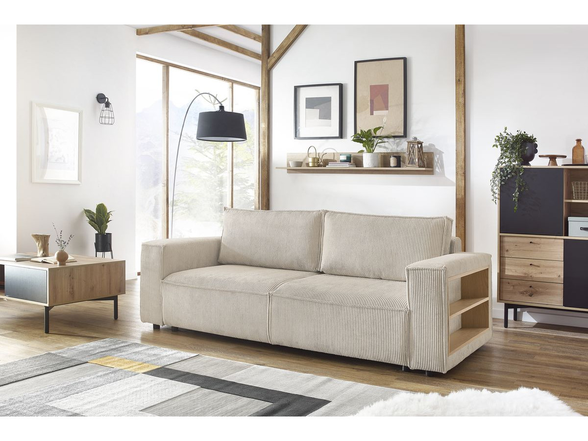 Canapé droit convertible coffre tablette NIHAD velours côtelé avec pouf beige — vue 5