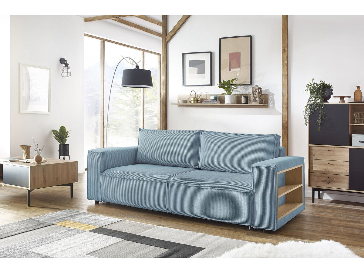 Canapé droit convertible coffre tablette NIHAD velours côtelé avec pouf bleu clair — vue 5