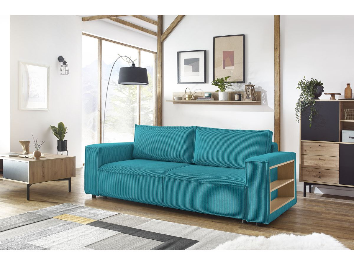 Canapé droit convertible coffre tablette NIHAD velours côtelé avec pouf bleu foncé — vue 5