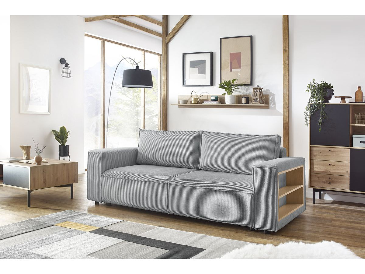 Canapé droit convertible coffre tablette NIHAD velours côtelé avec pouf gris clair — vue 5