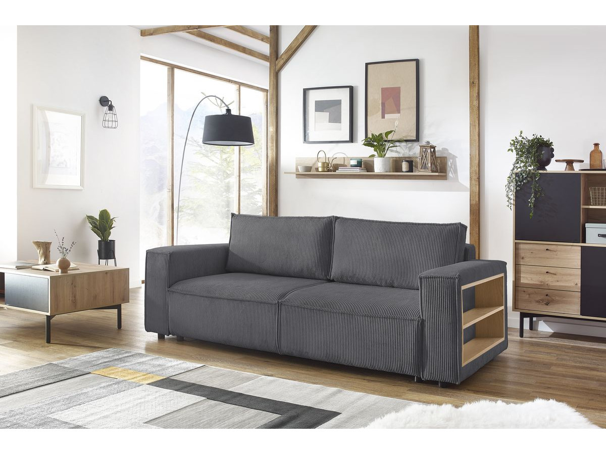 Canapé droit convertible coffre tablette NIHAD velours côtelé avec pouf gris foncé — vue 5