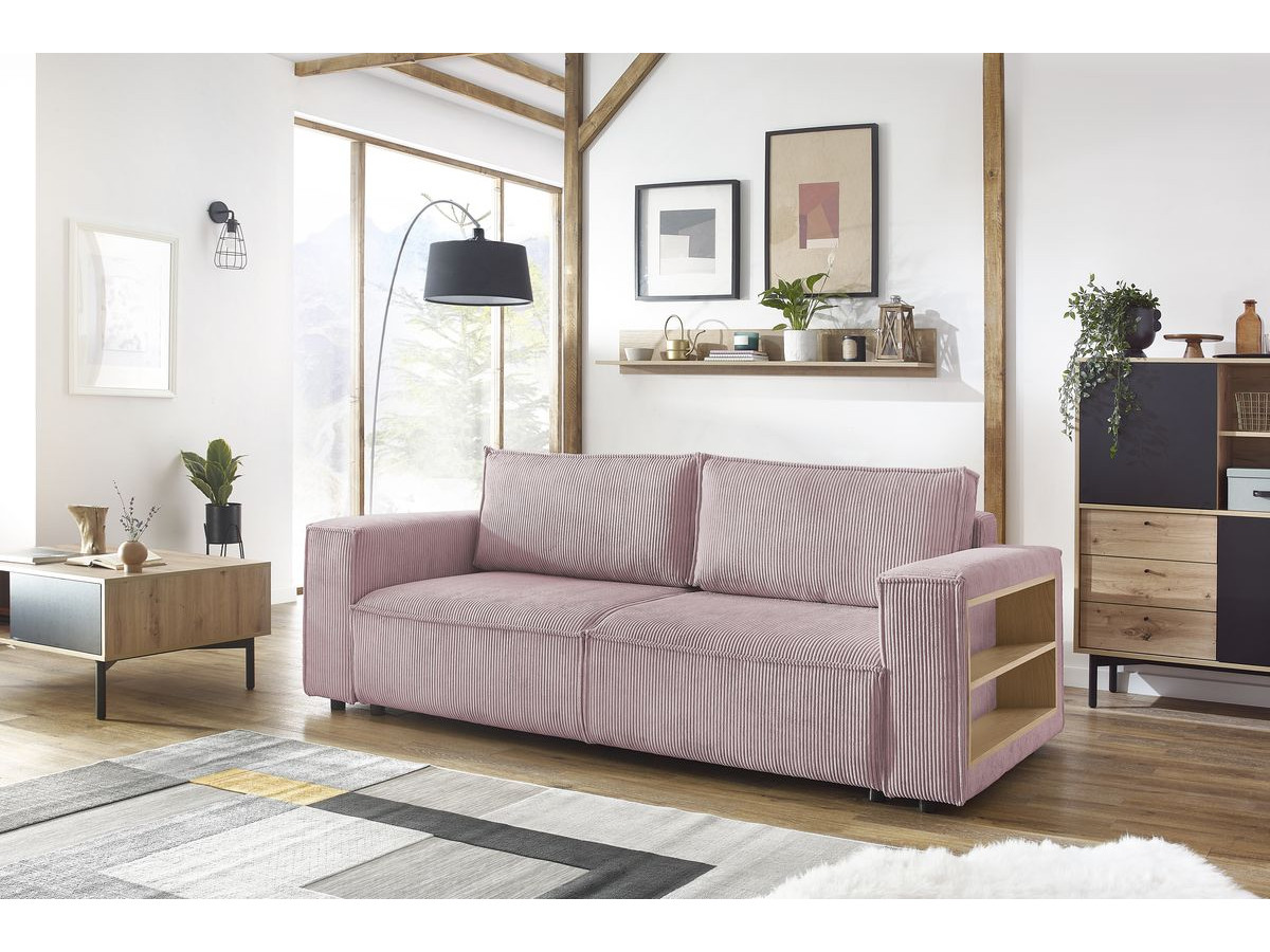 Canapé droit convertible coffre tablette NIHAD velours côtelé avec pouf violet   BOBOCHIC 3 places - Vue supplémentaire 3