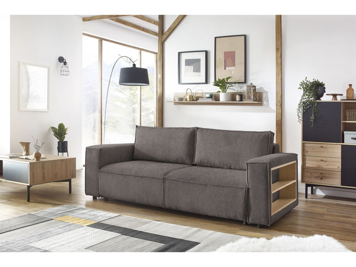 Canapé droit convertible coffre tablette NIHAD velours côtelé avec pouf marron — vue 5